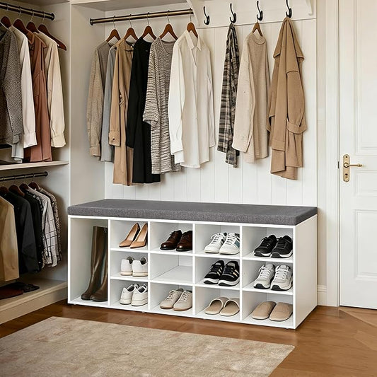 DINZI LVJ Shoe Storage Bench with Cushion, 13-Cubby Shoe Rack, Adjustable Shelves, Multifunctional Shoe Organizer Bench for Entryway, Mudroom, Hallway, Living Room, Bedroom and Garage, White