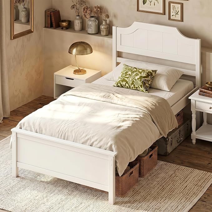 Giantex Twin Size Wooden Bed Frame with Headboard, Wood Slat Support | Farmhouse Platform Bed with Heavy Duty Mattress Foundation, Under-Bed Storage, No Box Spring Needed, Easy Assembly (White)