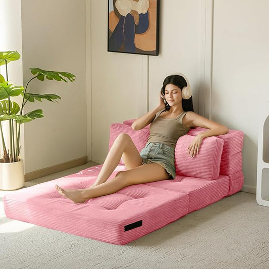 MAXYOYO Convertible Sofa Bed, Fold Out Sofa Couch with Pillow, 4 in 1 Tufted Folding Couch Bed Foam Floor Couch, Lazy Chair for Living Room Bedroom Guest Room, Pink