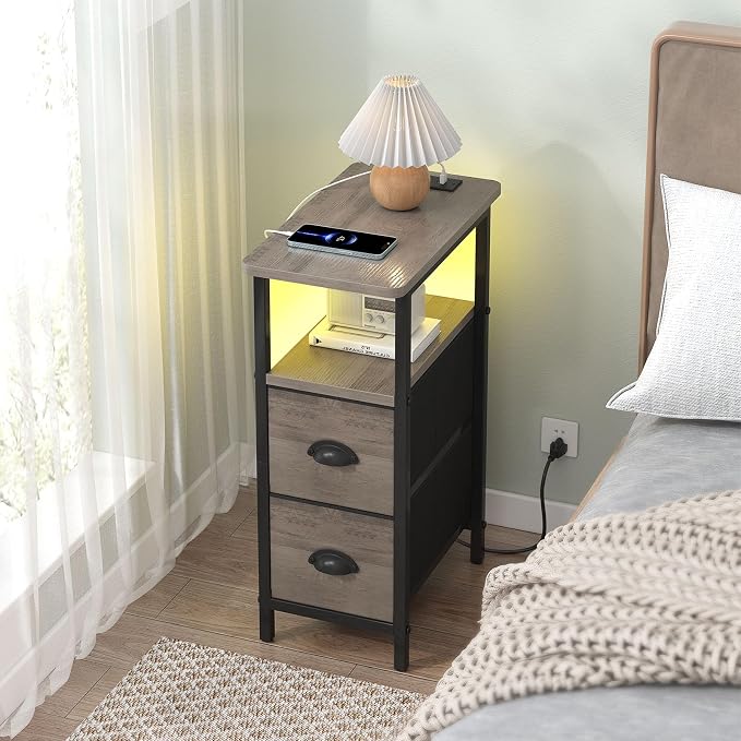 sthmec Narrow End Table with Charging Station, Narrow Side Table with 2 Fabric Drawers, LED End Table, Slim Nightstand with LED Light, Small Side Table for Small Spaces, Living Room, Bedroom, Grey