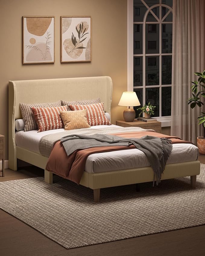 Bestier Full Bed Frame with Wingback Headboard,Upholstered,Taupe | Wooden Slats Support,Easy Assembly,Wingback Headboard,No Squeaks,Vertical Channel Corduroy Upholstered,No Box Spring Needed