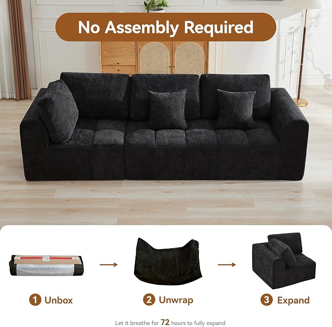 110''Modular Sectional Couches for Living Room, Cloud Boneless Compressed Sectional Sofa, Oversized 3 Seater Upholstered Memory Foam Sofa, No Assembly, Chenille Black