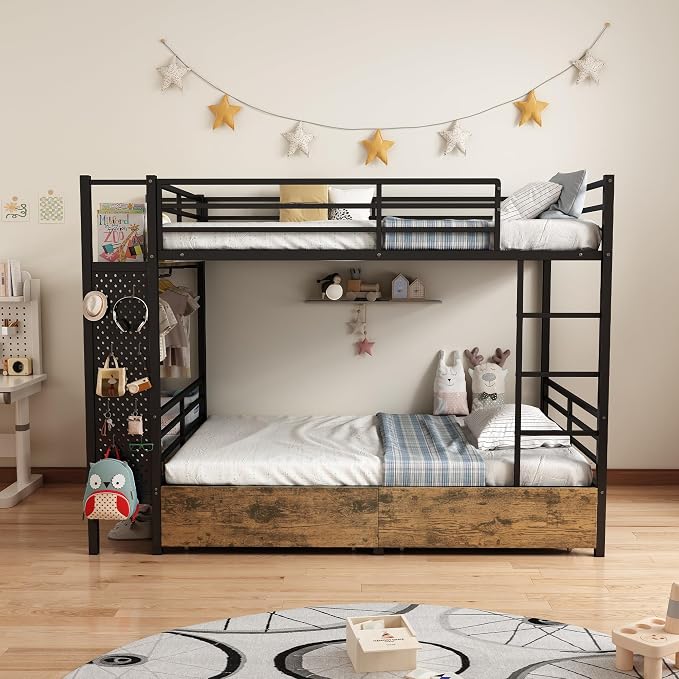 Twin Over Twin Metal Bunk Bed with Storage Station & Rolling Drawers | Built-In USB Charging Station,Hall Tree & Full Safety Guardrails for Bedroom