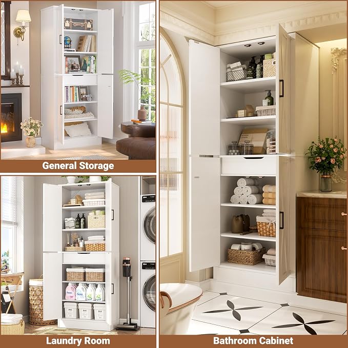 Unikito 71" Tall Kitchen Pantry Storage Cabinet with Farmhouse Barn Doors and Storage Drawer, 4 Adjustable Shelves, Freestanding Cupboard for Dining Room, Living Room, Utility Room, White