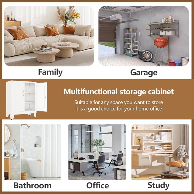GAIOUS 36" Metal Floor Storage Cabinet, Locked Steel Storage Cabinets with 2 Doors and 2 Adjustable Shelves, White Kitchen Cabinet, Freestanding Cabinet for Home/Office/Garage/Tool Room/Bathroom