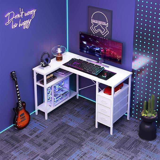 DUMOS L Shaped Desk with Shelf Drawers 47", Corner Computer Desks Gaming with Power Outlet, Study Table with Adjustable Shelves, Home Office Tables for Bedroom Teacher Writing, Modern White