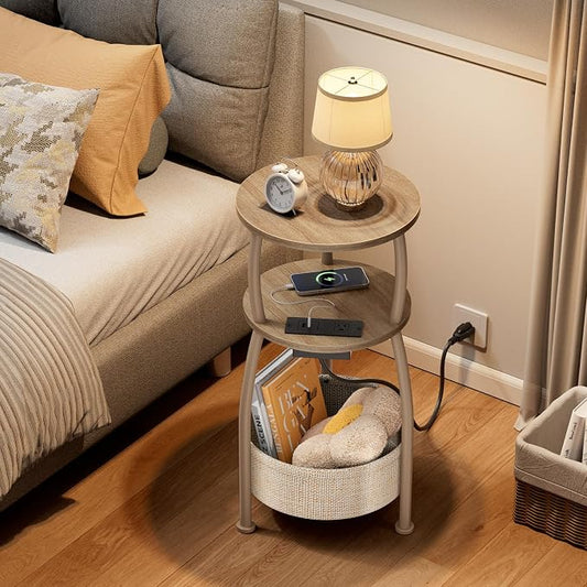 Side Table with Charging Station, Small Round End Table with Basket, USB and Type C Port, 3 Tiers Sofa Couch Table Bedside Table for Living Room Bedroom, Small Spaces, 11.81in Light Oak