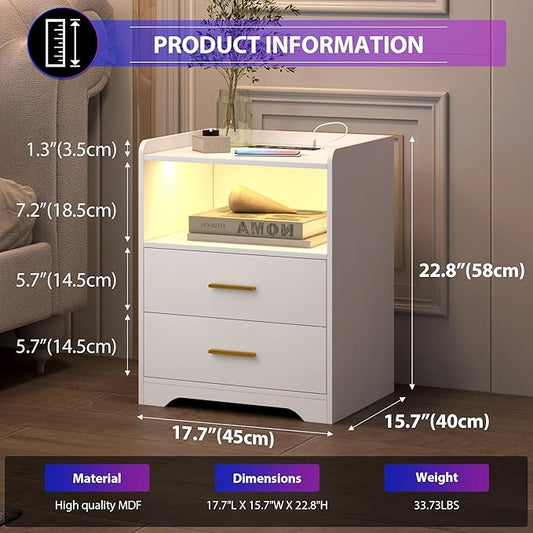 dnbss White LED Nightstand with Charging Station and 24-Color RGB Lights, Smart Night Stand with Human Sensor Lighting, Modern Bedside Table for Bedroom