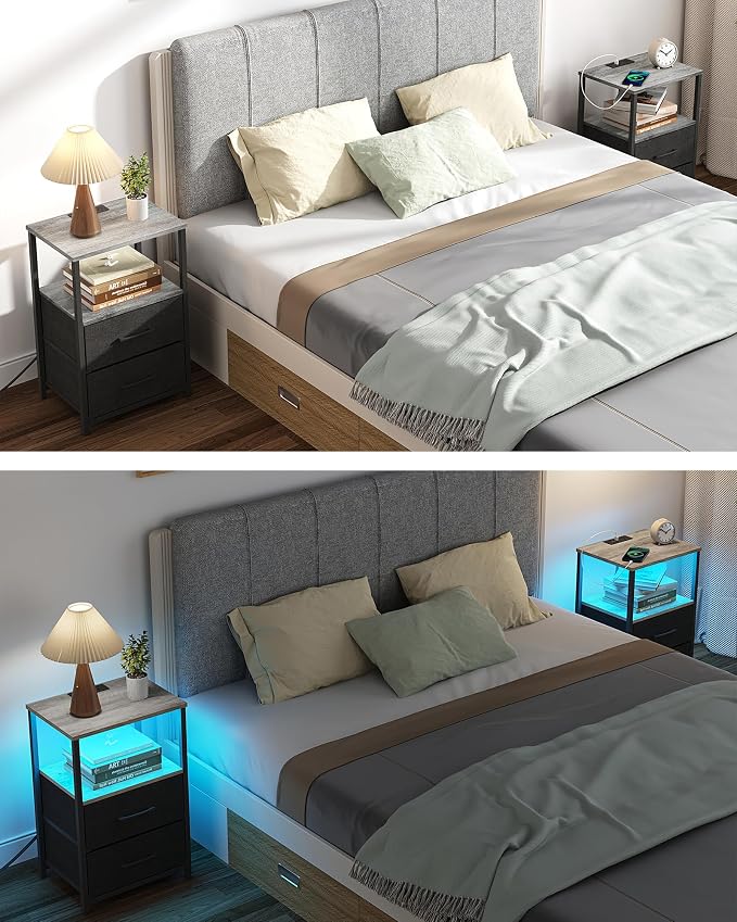 TUTOTAK LED End Table with Charging Station, Nightstand with Cloth Drawer, Side Table with 1 USB Port and 1 Type-C Port, Set of 2, Couch Table, Greige TB01BG052L