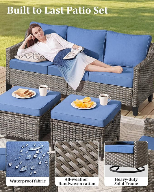 Outdoor Furniture Set of 1, Luxury Patio Sofa 3-Seat Wicker Couch with 4" Thick Cushion - Outdoor Furniture Rattan Sofa with Deep Seating High Back(Blue)