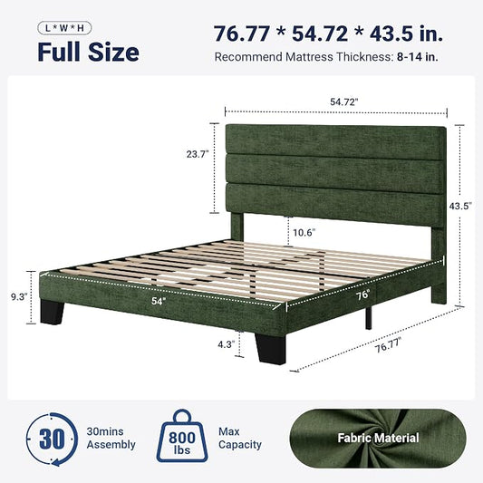 Allewie Full Size Platform Bed Frame with Fabric Upholstered Headboard and Wooden Slats Support, Fully Upholstered Mattress Foundation/No Box Spring Needed/Easy Assembly, Green