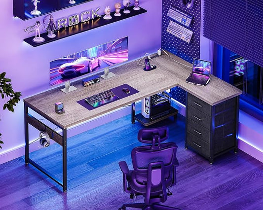 AODK L Shaped Gaming Desk with 4 Drawers, 61" Reversible Home Office Desks with Power Outlets, L Shaped Computer Desk with USB Charging Port and Host Stand, Corner Desk, Easy to Assemble, Grey