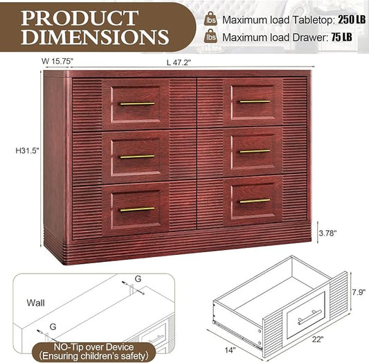 RECHHX Farmhouse 6 Drawers Dresser for Bedroom, 47.2" Wide Large Modern Chest of Drawers, Wooden Thermoformed Curved Dresser Organizer for Bedroom, Living Room, Walnut Cherry