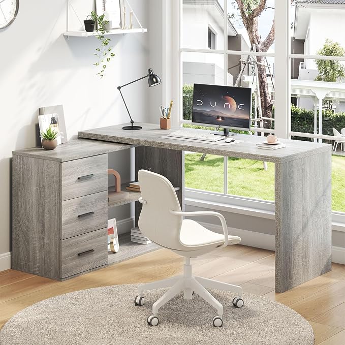 HSH L Shaped Office Desk with Drawers Shelves 55-76 Inch, Corner Computer Desk with Storage 360 Rotating Long for Work, Executive, Study, Writing, Teacher, Bedroom Modern Gaming Table, Light Grey