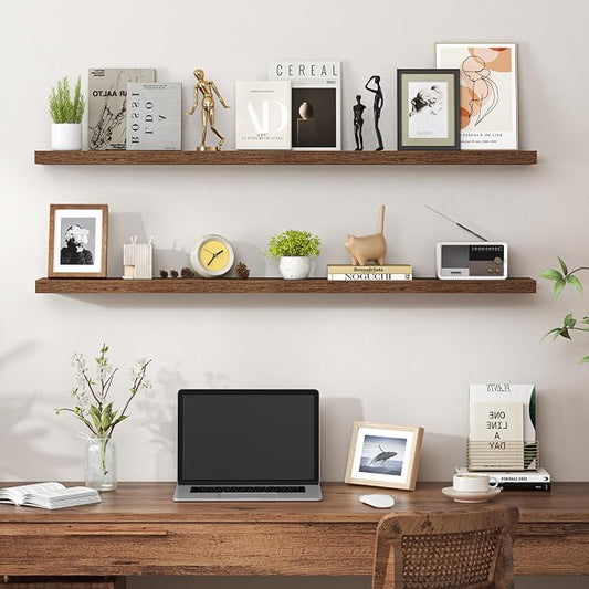 Heimlove 48 Inch Floating Shelves for Wall,Extra Long Wood Shelves Mounted Storage Hanging Shelf Invisible Bracket for Bedroom,Living Room,Kitchen,Office,Set of 2,Rustic Brown