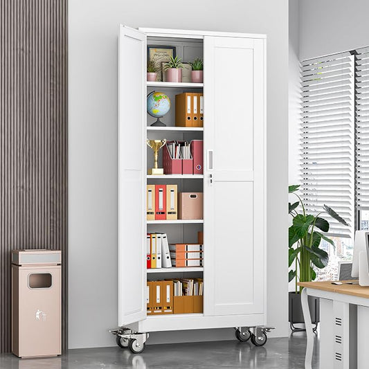 Metal Garage Storage Cabinet, 75”Tall Rolling Utility Cabinet White | storage system with Wheels, Lock, 5 Adjustable Shelves, Heavy Duty Steel Tool Locker for Home Office, Utility Room, Gym