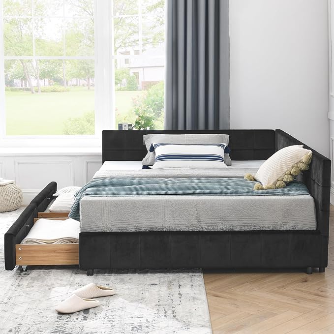 Bellemave Full Size Corner Bed Frame with Storage Drawers, Comfortable Backrest and Armrests, Velvet Tufted Corner Bed Frame Full Size, Upholstered Daybed for Bedroom, Living Room, Guest Room, Black