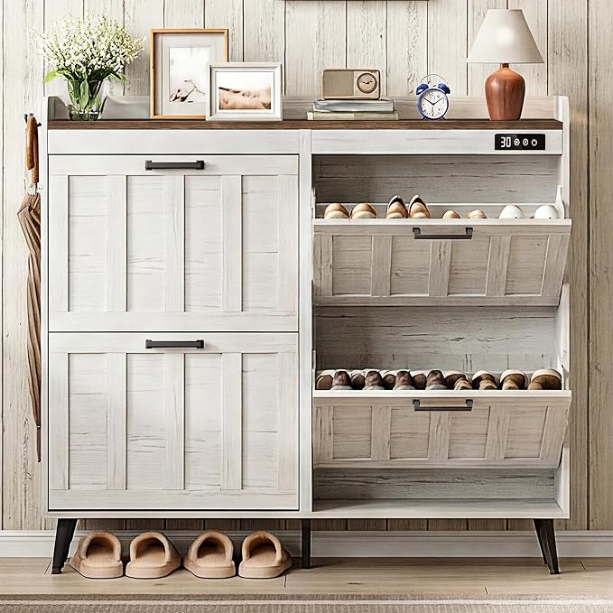 ChooChoo Shoe Storage Cabinet with 4 Flip Drawers, Deodorizing Shoe Organizer Storage for Entryway, Freestanding Hidden Slim Narrow Shoe Rack Cabinet, Antique White & Brown