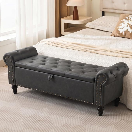 55" Storage Bench for Bedroom, Upholstered Ottoman Bench, Leather DarkGray | End of Bed Bench for Bedroom, Window Benches for Living Room, Entryway, Ottoman with Large Storage Space, Pet Friendly