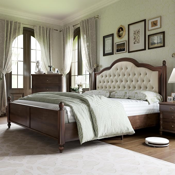 AMERLIFE Solid Wood Bed Frame Queen Size, Transitional Platform Bed with 52.5" Upholstered Tufted Headboard, Rubberwood/Roman Column Accents/Wood Slat Support/No Box Spring Needed