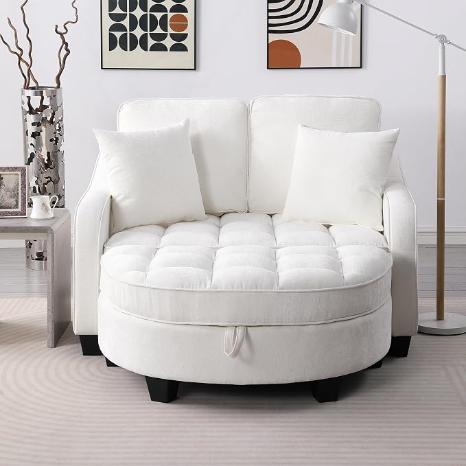 ERYE Chenille Tufted Loveseat Sofa and Ottoman Set, Tufted Recliner Sleeper Chaise Lounge with Curved Storage Ottoman,Reclining Backrest and Side Pockets, 4 Pillows