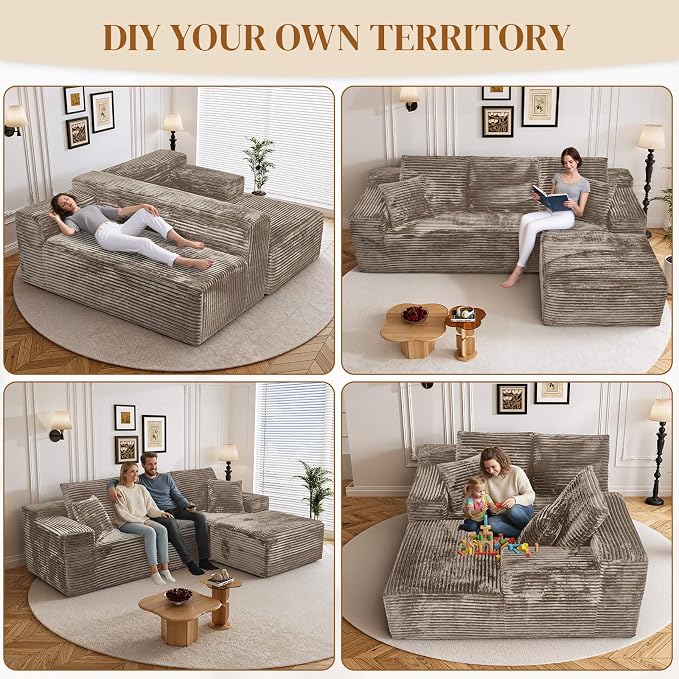 108" L Shaped Boneless Sectional Couches for Living Room, Comfy Corduroy Floor Cloud Sofa with Chaise, Wide Armrest, Deep Seat, Memory Foam, Assembly Free, Ideal for Small Spaces, Brown