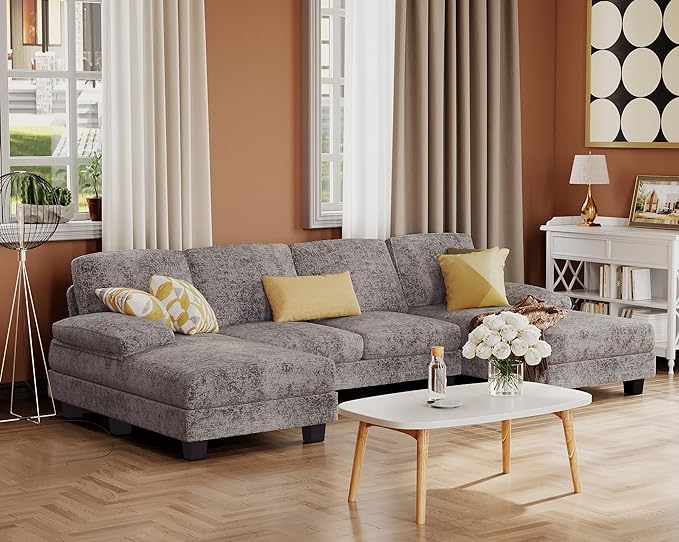 Furmax Sectional Couches for Living Room, U-Shaped Sofa Couch with Linen Fabric, 4 Seat Sofa Set with Double Chaise for Apartment (Chenille, Grey)