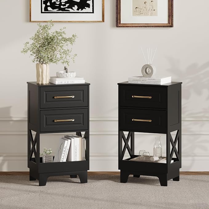 Tall Nightstand Set of 2 Side Table with 2 Drawers Modern Night Stand Wooden End Table Bedside Table with Below Open Shelf Solid Feet for Bedroom Black