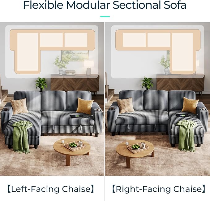 LINSY Home 81" Modular Sectional Couch with Pull Out Bed, L Shaped 3 Seats Sofa with Storage Chaise, Corduroy Convertible Sofa Bed, USB, Cup Holders, Side Pocket, Sleeper Sofa for Living Room, Grey
