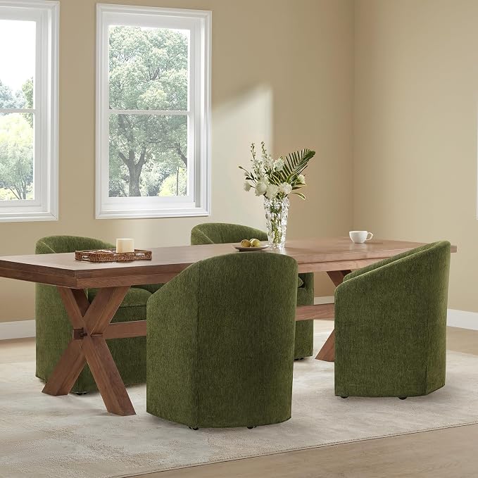 KISLOT Upholstered Dining Chairs with Casters, Washable Cover Modern Dining Room Chairs with Barrel Backrest & Dual Armrest for Kitchen, Living Room, Bedroom, Green Fabric, 4PCS