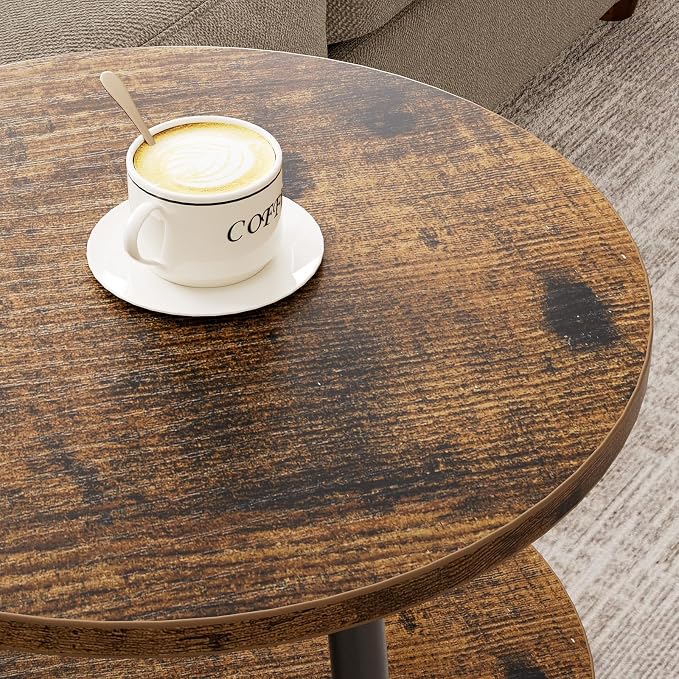 Round Side Table with Power Outlet & USB Ports, 3-Tier End Table with Storage Shelf, 15.7" Wide Nightstand for Small Spaces, Tall Bedside Table Capable of Charging Laptops & Phones, Rustic Brown