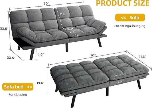 YITAHOME Convertible Futon Sofa Bed, 70" Folding Futon Set for Living Room Home Office Aprtment, Modern Futon Couch with Adjustable Backrest & Armrests, Recliner Lounge, Loveseat Sofa