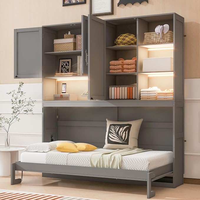 Twin Murphy Bed with Storage, Folding Wall Bed with Top Cabinet and Shelves | Flexible slats and a dual-piston mechanism help lift and lower the bed smoothly, with 400 lb capacity for daily use.