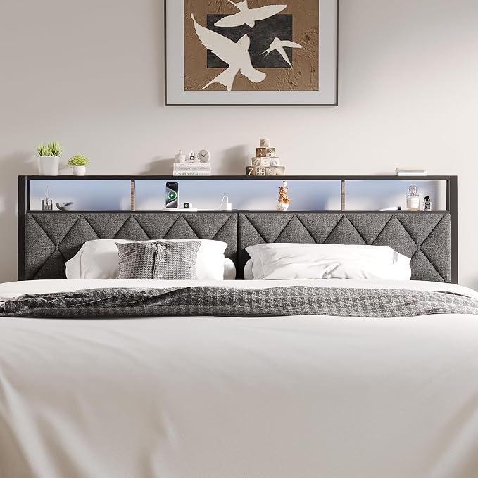 King Headboard Only, Headboard for King Size Bed with Storage, Upholstered Headboards with LED Lights & Charging Station, Attach Frame, Ideal for Bedroom/Dorm/Guest Room, Dark Grey & Brown