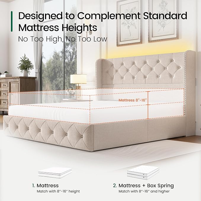 LARMACE Queen Size Bed Frame with LED Lights and 4 Storage Drawers Linen Upholstered Platform Bed Frame with 47.2" Tall Tufted Headboard Wingback, No Box Spring Needed, Easy to Assemble, Beige