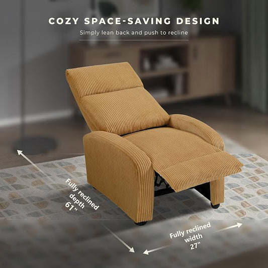 Lexicon Corduroy Pushback Recliner Chair Armchair Push Back Recliner, Solid Wood Frame and Metal Base, Easy Assembly Small Soft Single Sofa Accent Chair for Living Room/Office/Apartment, Yellow