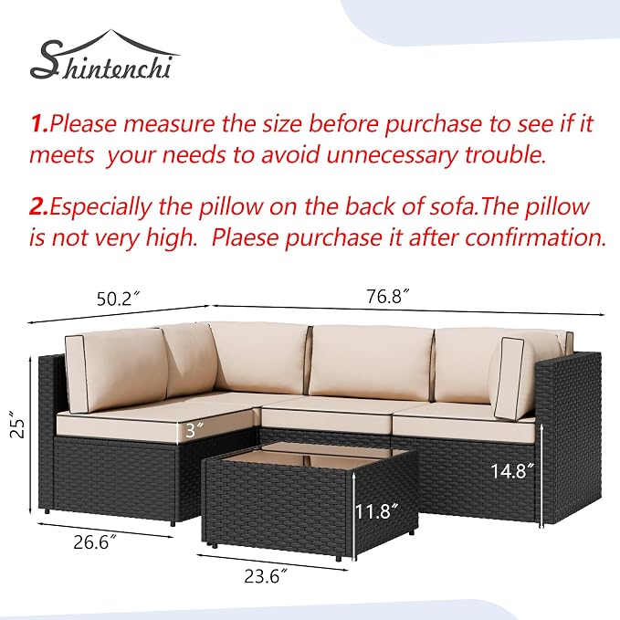 Patio Furniture Sets, 5 Piece Outdoor Sectional Sofas, Wicker Rattan Outdoor Furniture Patio Conversation Set, All-Weather PE Rattan Outdoor Couch for Backyard, Garden, Black & Khaki