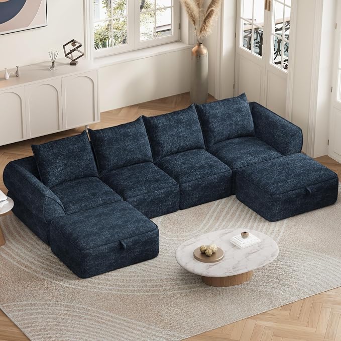 132" Modular Sectional Sofa with Deep Seat, U-Shaped Cloud Couch for Living Room, 4-Seater Boneless Sofa with 2 Ottomans, Flexible Combination Modern Upholstery Sofa, No Assembly Required, Aqua Blue