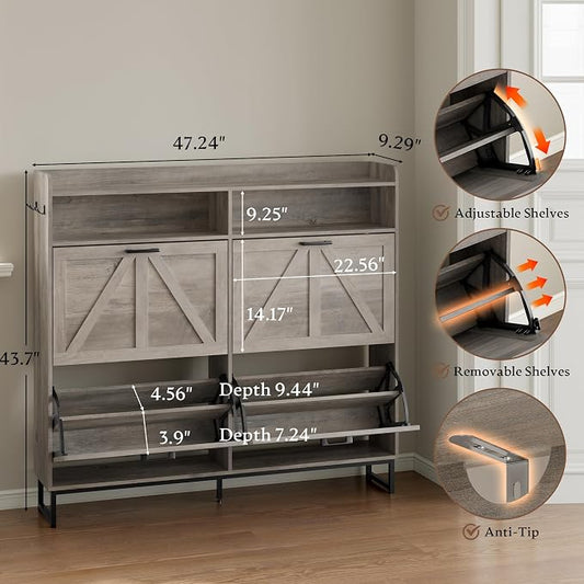 BORNOON Shoe Cabinet with 4 Flip Drawers Narrow Shoe Storage Cabinet Organizer Wooden Freestanding Shoe Rack Hidden Slim Shoes Storage Cabinet for Entryway, Hallway, Living Room, Bedroom