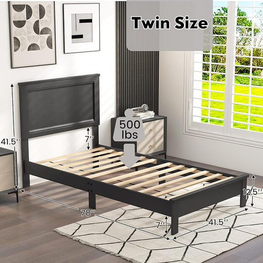 Giantex Wood Twin Bed Frames with Headboard, Mid Century Platform Bed Frame with Solid Wood Legs & Wooden Slat Support, Twin Bed Frames for Kids Adults, Black Bed
