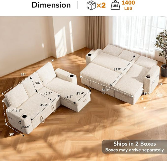 Sunny Heart L-Shaped Sleeper Sofa with Pull Out Bed, 82" Sectional Couch with Reclining Backrest, Reversible Storage Chaise, Armrest Storage, Cup Holders, and Side Pockets, Tool-Free Assembly, Beige