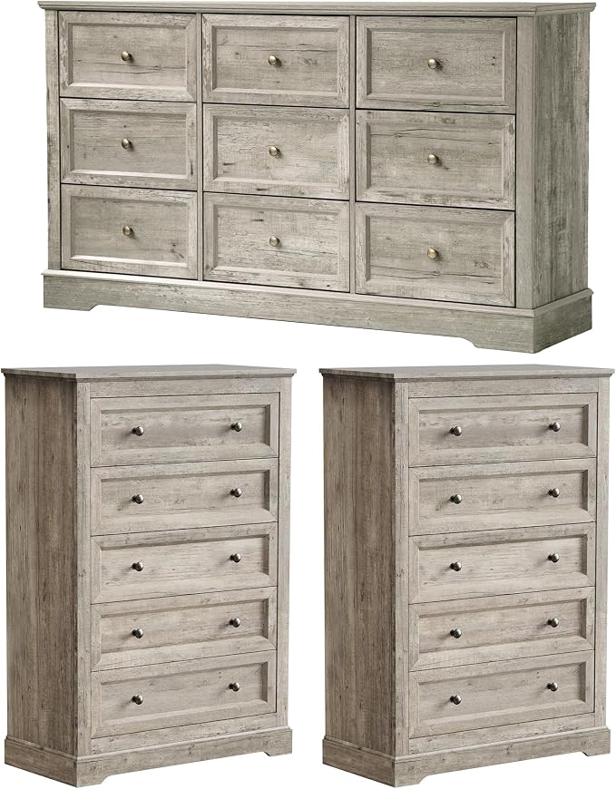 LOUVIXA Farmhouse Bedroom Sets of 4, Including 9 Drawer Dresser, 5 Drawer Dressers and Nightstand Set of 2 with Charging Station (Grey Sets, 3 Pieces-9 Drawer+5 Drawer Set of 2)