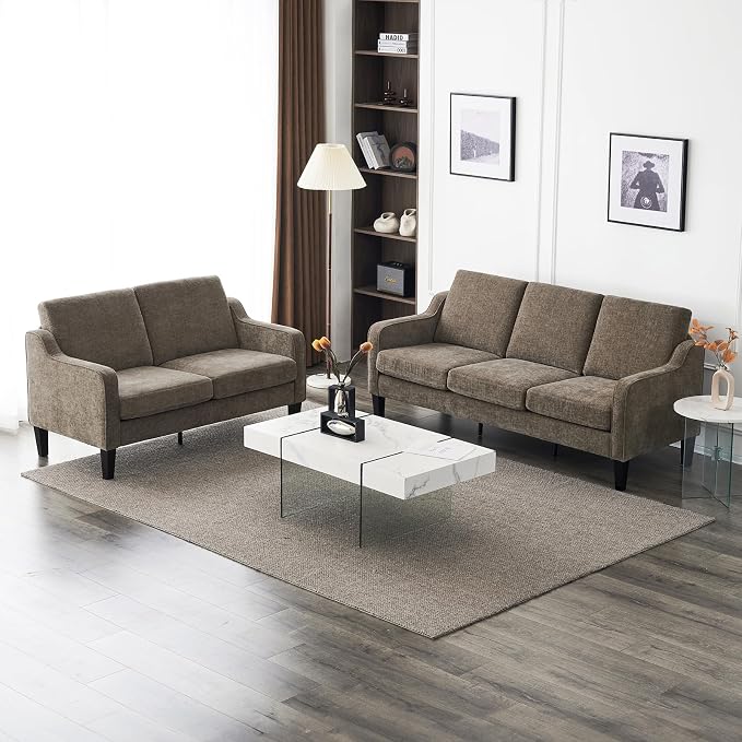 VINGLI Couches for Living Room, Brown 71" Small Sofa Mid Century Modern Couches 3 Seater Comfy Couch Upholstered Soft Chenille Floor Couch for Bedroom, Apartment, Office