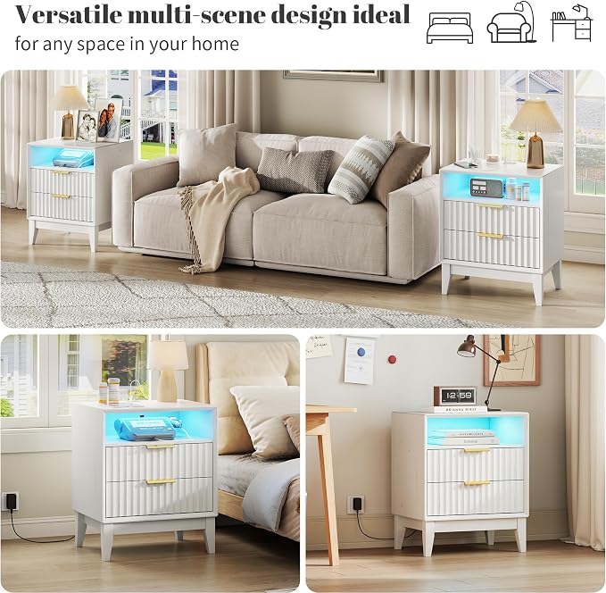 LVSOMT 20'W Fluted Nightstand Set of 2, Night Stand with Charging Station and LED Lights, RFID Lock Hidden Drawer, Mid Century Morden Bedside Table for Bedroom, 2 Drawers and Open Storage Cubby, White