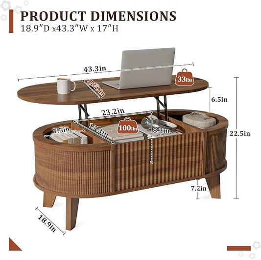 LYNCOHOME Fluted Lift Top Coffee Table with Storage,Modern Oval Coffee Table for Living Room or Home Office(Walnut)