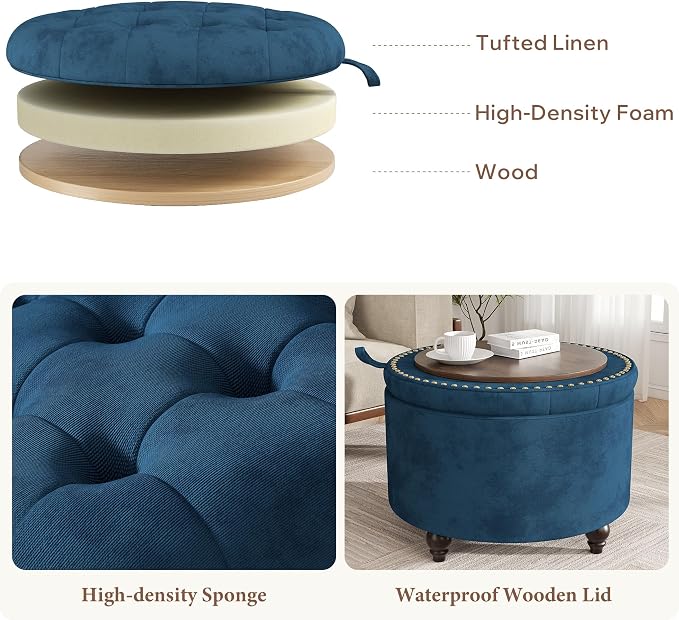24 Inch Round Storage Ottoman,Modern Tufted Ottomans,Circular Coffee Table with Removable Top,Upholstered Large Ottoman with Storage Footrest Stool for Bedroom Living Room (Blue)