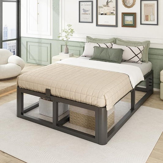 Bilily Metal Heavy Duty 14 inch Full Bed Frame with Rounded Corner and Headboard Hole Mattress Retainers 3500 LBS No Box Spring Needed Platform Noise Free Easy Assembly