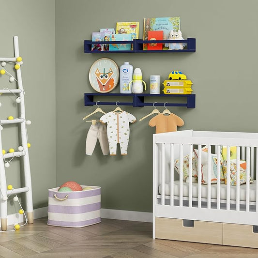 Forbena Navy Blue Floating Nursery Book Shelves for Kids Room Wall, Decorative Wall Bookshelf for Baby Boy Bedroom, Small Wood Hanging Bookshelves Wall Mounted for Little Boys Room Bathroom (Set of 4)