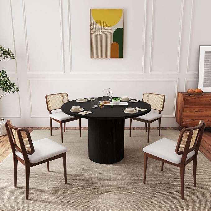 47 Inch Round Dining Table, Farmhouse Fluted Dining Kitchen Table, Modern Wood Small Circle Dining Table for Kitchen Living Room, Black