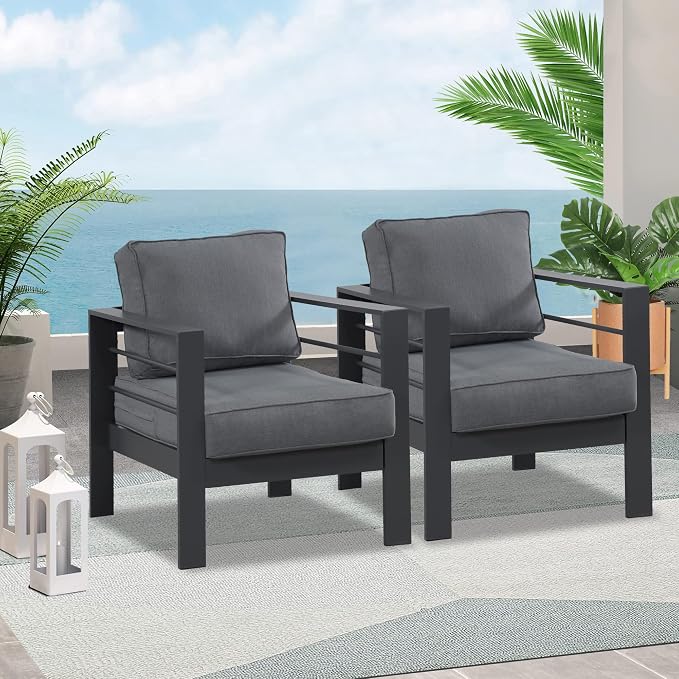 Wisteria Lane Aluminum Outdoor Sofa, 2 Pieces Patio Couch All-Weather Rust-Proof Modern Metal Patio Furniture with 5" Thick Olefin Cushions, Light Grey